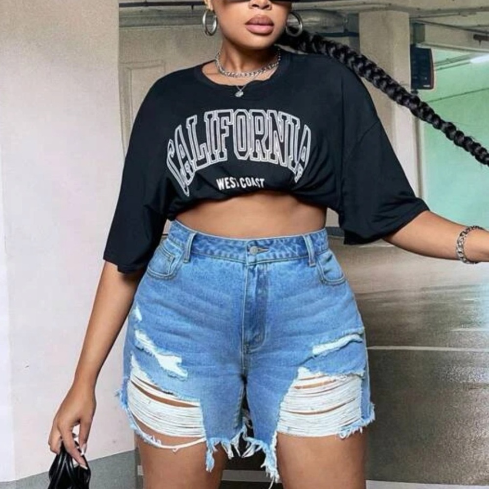 Distressed Blue Denim Women's Shorts Plus size